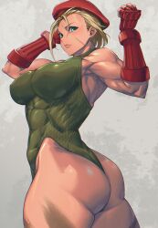 1girls armpits ass beret blonde_hair blue_eyes blush breasts cammy_white capcom gauntlets grey_background large_ass large_breasts leotard looking_at_viewer mikel_bk muscular muscular_female simple_background skin_tight solo street_fighter thick_thighs