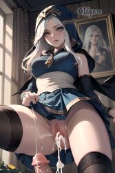 ai_generated ashe_(league_of_legends) blue_clothing cock cum cum_in_pussy dick hi_res highres idgaroo indoors league_of_legends pussy stable_diffusion tights upskirt white_hair