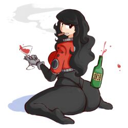 1girls big_ass black_pants breasts cigarette female fupoo sitting smoking switch-tan thick_thighs wine wine_bottle wine_glass