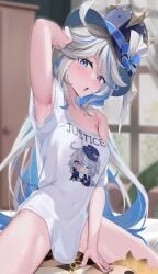 1girls aether_(genshin_impact) blue_eyes breasts doll female furina_(genshin_impact) genshin_impact hat indoors light-skinned_female light_skin long_hair looking_at_viewer medium_breasts oversized_shirt skai_kun solo t-shirt text_on_clothing thighs white_hair