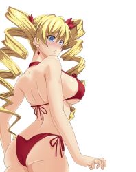 1girls ass big_ass bikini blonde_hair blue_eyes blush breasts bubble_butt claire_harvey drill_hair from_behind hundred large_breasts legs long_hair namakemono_(u446644k) parted_lips red_bikini sideboob solo thick_thighs thighs twin_drills