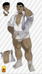 bara briefs bulge buzz_(kienbiu) dark-skinned_male dress_shirt ero_condo male_only muscular_male one_arm_behind_head socks tighty_whities unbuttoned_shirt underwear white_underwear