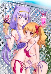 2girls aisaki_emiru bikini blonde_hair blush bow breasts cone_hair_bun crazy_straw drinking_straw fence flat_chest food hair_bun heart_straw hugtto!_precure ice_cream ice_cream_cone long_hair multiple_girls nipples precure pretty_cure purple_eyes purple_hair red_eyes ruru_amour scrunchie side-tie_bikini_bottom small_breasts swimsuit tooo twintails wrist_scrunchie young yuri