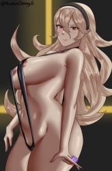 1girls 2023 absurdres artist_name black_one-piece_swimsuit black_swimsuit blonde_hair blush condom corrin_(fire_emblem) corrin_(fire_emblem)_(female) female female_only fire_emblem fire_emblem_fates hair_ornament hairband highres irisart13 large_breasts light-skinned_female light_skin long_hair looking_at_viewer nintendo nipples offering_condom one-piece_swimsuit pointy_ears pubic_hair red_eyes simple_background slingshot_swimsuit solo swimsuit thick_thighs watermark wide_hips