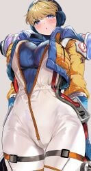 apex_legends big_ass big_breasts blonde_hair blue_eyes breast_squeeze breasts breasts_out female fully_clothed lichtenberg_figure marushin_(denwa0214) pussy scar thick thick_ass thick_legs thick_thighs thigh_highs tight_clothes tight_clothing tight_pants wattson_(apex_legends)