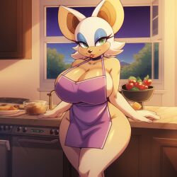 ai_generated anthro apron apron_only bat big_breasts breasts cheek_tuft chiropteran cleavage female forest furry furry_female green_eyes kitchen large_breasts leaf leaves mammal night night_sky orange_body rouge_the_bat sonic_(series) sonic_the_hedgehog_(series) stable_diffusion thick_thighs thighs tree trees white_hair wide_hips window