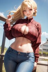 1girls ai_generated big_breasts blonde_hair cowgirl cowgirl_outfit cupcakeattack farmgirl female green_eyes jeans looking_at_viewer navel ponytail ranch ranch_girl shirt smiling wide_hips