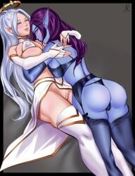 2girls athletic_female big_ass big_breasts blizzard_entertainment blue_eyes female female_only human human_(world_of_warcraft) light-skinned_female light_skin lingerie merellyne multiple_girls nakicat original_character paladin_(warcraft) ponytail purple_hair purple_skin pussy stockings thighhighs valencia_whitmore void_elf warcraft white_hair world_of_warcraft yuri