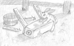 absurd_res breeding_mount closed_eyes farm feral fur graphite_(artwork) hi_res lagomorph leporid male mammal monochrome outside pencil_(artwork) rabbit runningrabbit simple_background size_difference smaller_male solo traditional_media_(artwork)