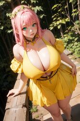 1girls ai_generated big_breasts cupcakeattack curvy dress female fluttershy_(mlp) friendship_is_magic looking_at_viewer my_little_pony navel pink_hair protruding_nipples shy turquoise_eyes wide_hips yellow_dress