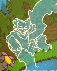 anthro balls canid canine canis elemental_creature empty_eyes flower foot_in_water forest genitals grass hadva_(wub) hair hand_behind_head hi_res humanoid_genitalia humanoid_penis inner_ear_fluff long_hair male mammal neck_tuft nude one_leg_up penis plant pond raised_leg rock rule_63 signature sitting solo text translucent translucent_body tree tuft url water water_creature watermark wolf wub_(artist)