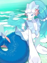 anthro areola blue_body blue_eyes blue_hair breasts female fin generation_7_pokemon hair hi_res kame_3 long_hair mammal marine medium_breasts navel nintendo nipples pinniped pokemon pokemon_(species) primarina smile solo tail tail_fin water white_areola white_body white_nipples