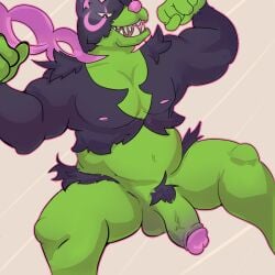 anthro bara black_fur flexing furry furry_only gay green_fur male_only muscular_male okidogi penis pink_glans pokemon pokemon_(species) pokemon_sv solo_male teeplustee1 yiff