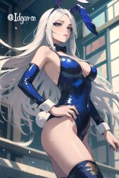 ai_generated ashe_(league_of_legends) blue_bunnysuit bunny_ears bunny_girl bunny_tail bunnysuit hand_on_hip hi_res highres idgaroo indoors league_of_legends long_hair rabbit_ears stable_diffusion white_hair