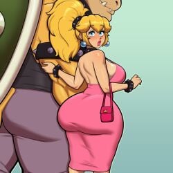 1boy 1girls ass big_ass big_butt bimbo_lips blonde_hair blue_background bowser breasts bubble_ass bubble_butt clothed clothing dress fat_ass female gradient_background high_ponytail large_ass looking_at_viewer looking_back male mario_(series) mrpotatoparty nintendo pants pawg pawgnova pink_dress ponytail princess_peach puffy_lips shirt simple_background sleeveless sleeveless_dress standing thick_lips tied_hair tight_clothing