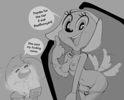 2023 anthro brandy_and_mr._whiskers brandy_harrington breasts canid canine canis casual clothed clothing collar dialogue disney domestic_dog duo electronics english_text female gametimeasia greyscale hi_res humor lagomorph leporid male mammal monochrome mr._whiskers nipples panties panties_down partially_clothed phone rabbit streaming tail tail_motion tailwag text underwear underwear_down