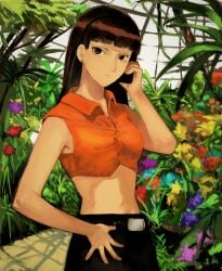 1girls belt_buckle black_eyes blunt_bangs brown_hair buckle cellphone crop_top earrings female female_only flower garden greenhouse hand_on_own_hip highres human jewelry long_hair navel phone plant reika_yamamoto serial_experiments_lain smartphone solo yurushiaru