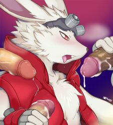 4boys anthro bare_chest blush bodily_fluids clothing cum erection eyewear fluffy_chest fur gay genital_fluids genitals goggles group impboyz king_kazma lagomorph leporid long_ears male male/male mammal penis rabbit red_clothing red_eyes summer_wars topwear vest white_body white_fur