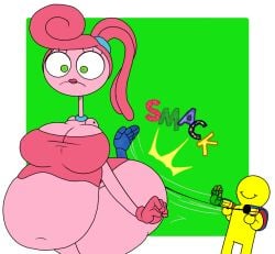 ass_slap big_ass big_belly big_breasts butt_slap color_edit devonjiggly_(coloring) green_eyes huge_ass huge_belly mommy_long_legs pink_hair pink_skin poppy_playtime protagonist_(poppy_playtime) smile spaghettiz spanking surprised_expression thick_thighs