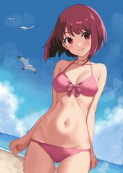 arima_kana bare_arms bare_legs bare_shoulders bare_thighs beach belly belly_bulge belly_button bikini blue_sky blush blush_lines blushing collarbone cowboy_shot kinomiki looking_at_viewer medium_breasts ocean oshi_no_ko pelican pink_bikini red_eyes red_hair sea seagull seaside short_hair slender_body slender_waist slim_waist slime_monster small_breasts smile standing swimsuit thin_waist