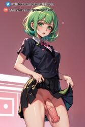 1futa ai_generated dickgirl flaccid_penis futa_only futanari gamarjobson goggles goggles_on_head green_eyes green_hair gumi hi_res horse_penis horsecock horsecock_futanari lifting_skirt megpoid megpoid_gumi patreon seductive solo_futa vocaloid