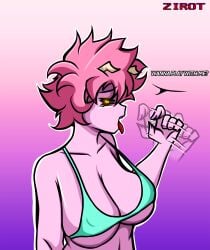 1girls ahe_gao ahe_gao ashido_mina big_breasts bikini_top black_sclera blowjob blowjob_face blowjob_gesture boku_no_hero_academia curvy dialogue female female_focus female_only huge_breasts imminent_oral implied_oral mina_ashido my_hero_academia naughty_face pink_body pink_hair short_hair thick tongue tongue_out yellow_eyes zirot