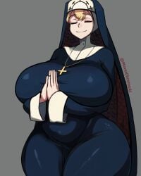 big_breasts blonde_hair double_(skullgirls) lab_zero_games looking_at_viewer monkechrome monochrome_ai nun nun_outfit praying red_eyes skullgirls small_waist smile smiling smiling_at_viewer thick_thighs white_skin