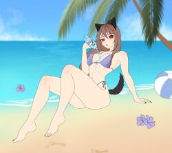 animation_meme_community beach beach_ball black_nails brown_hair cry_(crydiaa) n_kalignis nipples_visible_through_clothing o_face red_eyes swimsuit water_bottle water_on_breasts wolf_ears wolf_girl wolf_tail