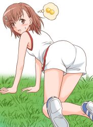 1girls 2020s 2023 all_fours ass bare_shoulders bare_thighs blush brown_eyes brown_hair brunette embarrassed female full_body grass gym_uniform hair_flower hair_ornament looking_at_viewer looking_back matching_hair/eyes misaka_mikoto mutsuki_kurumi open_mouth outdoors short_hair shorts solo sweatdrop teenage_girl teenager thighs to_aru_kagaku_no_railgun to_aru_majutsu_no_index tokiwadai_school_gym_uniform white_background white_shorts young