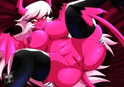 big_breasts breasts danmakuman demon demon_humanoid female genitals helluva_boss hi_res humanoid large_breasts nude pink_eyes presenting presenting_pussy pussy simple_background smile solo spread_legs succubus teeth thick_thighs tongue verosika_mayday_(helluva_boss) wings