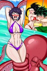 1boy 2023 2girls beach big_breasts black_eyes black_hair blood blue_sky blush boku_no_hero_academia breasts cephalopod female green_eyes green_hair hourglass_figure izuku_midoriya kyoka_jiro male momo_yaoyorozu multiple_girls muscular muscular_male my_hero_academia nosebleed nude octopodiform octopus outside pale-skinned_female pale-skinned_male pale_skin pornography purple_hair raidon_dimentional_land sex sextember shounen_jump tagme tentacle thick_thighs watermark zoophilia