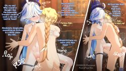 3d aether_(genshin_impact) blonde_hair braid breasts censored dialogue furina_(genshin_impact) genshin_impact holding horny_female long_hair mihoyo mosaic_censoring naked pastapaprika pleasure_face pussy sex small_breasts straight text vaginal_penetration vaginal_sex