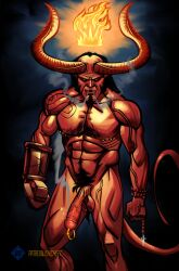 abs angry anung_un_rama balls bara biceps big_penis black_hair body_hair cambion chichett color demon demon_horns devil digital_media_(artwork) erection exposed front_view hairy hellboy_(series) horns imp long_penis male male_only monster_cock muscles muscular nipples pecs penis red_body simple_background solo standing tail