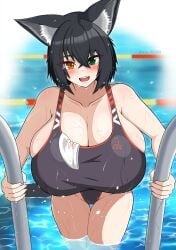 animal_ear_fluff blush climbing fangs gigantic_breasts green_eyes heterochromia hyper_breasts one-piece_swimsuit original original_character red_eyes short_hair smile swimming_pool swimsuit thick_thighs towel twitter_username wet_body wet_clothes wet_skin wide_hips wolf_ears wolf_girl