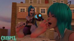 2girls 3d barefoot black_toenails clothed crespel feet female female_only foot_fetish foot_worship gun jinx_(league_of_legends) league_of_legends licking_feet oc original_character riot_games soles tagme toe_scrunch toes yuri