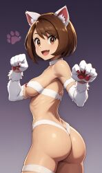 1girls ai_generated ass ass_focus brown_hair butt_focus cat_ears cat_paws catgirl cute_fang female female_focus female_only female_protagonist gloria_(pokemon) pocket_monsters pokemon short_hair small_breasts solo solo_female solo_focus thong