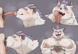 anthro ball balls behemoth_(tokyo_afterschool_summoners) blush bodily_fluids deep_throat duo erection fellatio fur gay genitals hi_res horn human human_on_anthro licking lifewonders male male/male male_only mammal monster multiple_images nipples nurirast oral pawpads pecs penile penis penis_lick pubes saliva sex tokyo_afterschool_summoners tongue tongue_out white_body white_fur yaoi