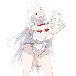 1futa balls big_balls big_breasts big_penis bottomless breasts clothed clothing echidna_(re:zero) edit flaccid futa_only futanari human large_breasts light-skinned_futanari light_skin long_hair mostly_clothed nipple_bulge no_panties penis re:zero_kara_hajimeru_isekai_seikatsu school_uniform short_skirt shoujo_donburi smooth_balls smooth_penis solo standing testicles wet_clothes white_hair