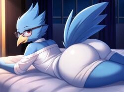 1boy ai_generated anthro ass avian avian_butt bed bedroom berdly big_butt bird bird_tail blue_body blue_feathers curtains deltarune feathers femboy furry girly glasses large_ass looking_back looking_back_at_viewer lying lying_on_bed lying_on_stomach male male_ass night open_mouth red_eyes seaart.ai shoulder_fluff shoulderless_shirt solo solo_male tail tail_feathers thick_thighs white_clothing white_collar white_shirt white_shorts