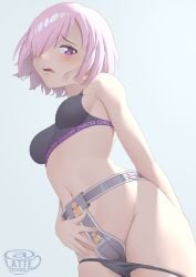 1girls black_bra black_panties bra breasts chastity_belt chastity_device english_text fate/grand_order fate_(series) female female_chastity female_only femsub lattetrouble lock mash_kyrielight medium_breasts open_mouth panties panty_pull pink_hair purple_eyes purple_hair short_hair solo solo_female sports_bra text underwear underwear_only