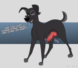 anatomically_correct anatomically_correct_genitalia anatomically_correct_penis animal_genitalia animal_penis balls black_body black_fur canid canine canine_genitalia canine_penis canis dialogue domestic_dog erection feral fur genitals grey_body grey_fur hi_res knot male mammal mr._blue_(artist) penis rocky_(mr._blue) solo text throbbing_penis