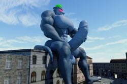 2023 3d_(artwork) albalbalb anthro big_muscles big_pecs big_penis black_body black_fur blue_body blue_eyes blue_scales blue_skin blue_sky blush building canid canine canis cobalt_(rtzero) digital_media_(artwork) duo fur genitals green_cap hand_on_leg hand_on_penis hi_res huge_cock huge_muscles huge_pecs hyper hyper_genitalia hyper_penis lizard lizard_(petruz) looking_at_another looking_at_genitalia looking_at_partner looking_at_penis macro male male/male mammal micro micro_on_macro micro_on_penis muscular muscular_anthro muscular_male nude pecs penis petruz_(copyright) reptile scales scalie sitting_on_building size_difference sky street_lamp tail white_body white_fur wolf