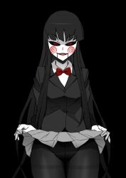 1girls anime_nose bangs billy_the_puppet black_body black_dress black_hair black_pantyhose black_underwear bowtie clothing dress eyebrows_visible_through_hair female female_only genderswap_(mtf) long_hair looking_at_viewer nightmare_waifu pantyhose puppet rule_63 saw_(series) simple_background underwear