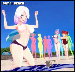 3girls amanwithnoplan beach big_breasts breasts embarrassed_nude_female emma_addison enf koikatsu multiple_girls nipples original original_character prank serena_davis sona_melody topless