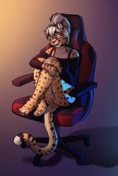 1girls anthro bottomless chair cheetah clothed clothing crossed_legs eyewear felid feline female fur furniture furry gaming_chair genitals glasses hair hi_res mammal nootkep on_chair open_mouth orange_eyes partially_clothed pussy rectangular_glasses sitting sitting_on_chair smile solo solo_female spots spotted_body spotted_fur topwear white_hair yellow_body yellow_fur