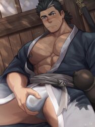 1boy abs bara bara_tiddies bara_tits big_bulge big_pecs black_hair blue_robe blue_yukata blush body_hair bulge bulge_grab chest_hair clothed clothed_male dark_hair ear_ring earring face_scar facial_scar fundoshi grabbing_bulge hairy_chest hand_on_bulge hand_on_own_penis hand_on_penis human human_only kimono male male_focus male_nipples male_only muscles muscular muscular_male nipple_piercing oc pecs pectorals pierced_nipple pierced_nipples pubic_hair robe samurai scar scar_on_nose scarred_nose sitting solo solo_focus solo_male straw straw_in_mouth tied_hair two_tone_hair underwear white_fundoshi white_underwear yukata zifu