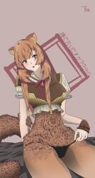 1girls animal_ears armor black_panties blush brown_fur brown_hair chest female fur looking_at_viewer panties presenting raccoon racoon_ears racoon_girl racoon_tail sitting solo solo_female