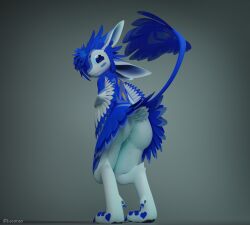 anthro ass avali avian blender_(software) blue_body bodily_fluids cum feathered_tail feathers genital_fluids hi_res kyrie_(jukkavali) leaking_cum locoroo male nude pose presenting simple_background solo standing tail