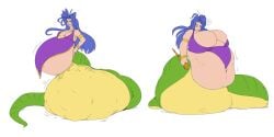 2girls after_vore bbw big_belly big_breasts blue_hair breast_expansion breath_of_fire breath_of_fire_ii chubby cleavage clothing deis digestion drdedede female implied_vore lamia large_breasts long_hair medium_breasts monster_girl multiple_girls myria naga post_vore solo staff stomach_bulge tagme tongue_out unseen_character vore vore_belly weight_gain