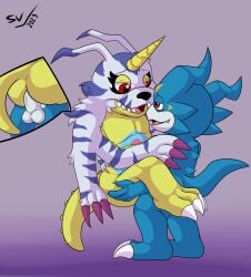 absurd_res animal_skin anthro ass balls bandai_namco blue_body d_demondragon digimon digimon_(species) duo erection fur gabumon genitals hi_res horn male male/male male_penetrated male_penetrating male_penetrating_male penetration penis sex stand_and_carry_position standing standing_sex striped_body striped_fur stripes veemon yellow_body